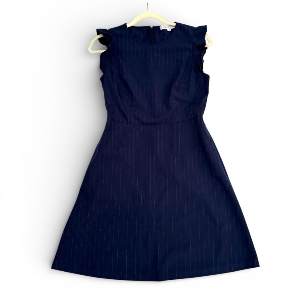 Loft navy pinstripe ruffle-sleeve dress